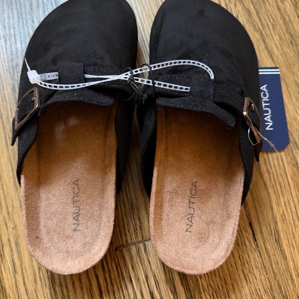 Nautica black suede clogs with buckle detail, size 4 #clogs #buckle